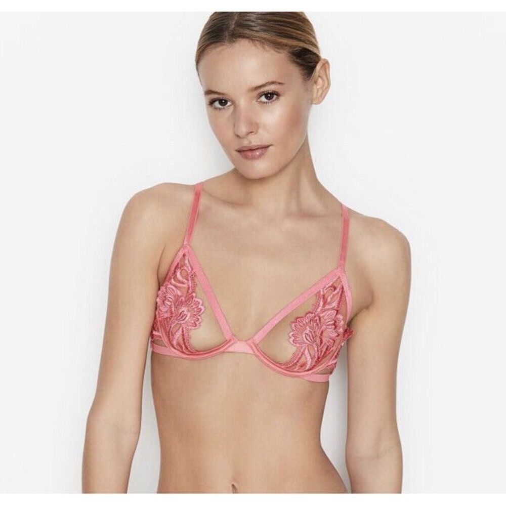 Victoria's Secret Unlined Embroidered Open Demi Bra Sz 34DD Pink Ouvert